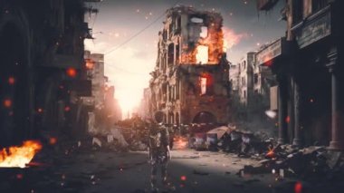The camera focuses on a 10-year-old boy in dirty clothes, standing in the midst of a ruined city after a war. He looks on at a military tank, a symbol of the destruction and devastation that war has