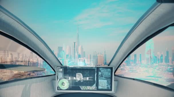 Анімація Футуристичних Будівель Безпілотного Таксі Autopilot Летить Над Містом Дабай — стокове відео