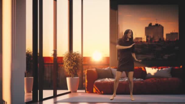 Camera Focuses Girl Her Apartment Dancing She Moves Her Body — Stock videók