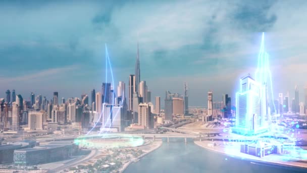 Video Showcases Construction Futuristic Skyscrapers Advanced Technology Holographic Blueprints Projections — Vídeos de Stock