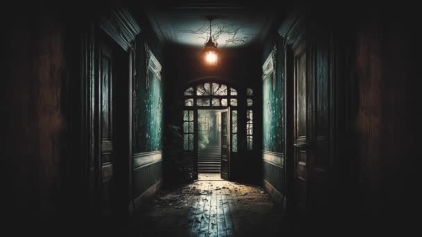 Camera Slowly Moves Long Dimly Lit Corridor Old House Only — Wideo stockowe