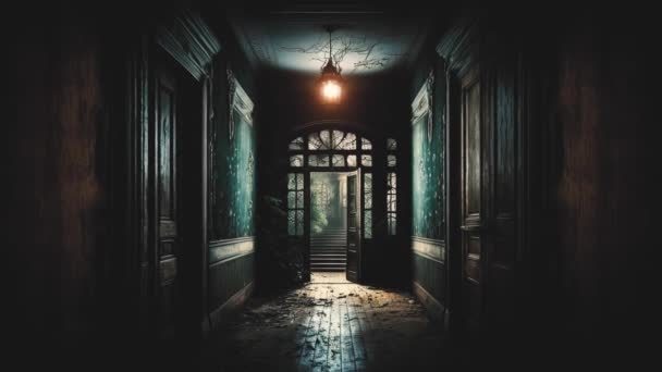 Camera Slowly Moves Long Dimly Lit Corridor Old House Only — Stock videók