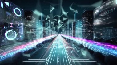 The camera takes the viewer on a mesmerizing journey through a digital cityscape, where buildings and skyscrapers are constructed out of neon lights, glowing lines, and dots. Digital flying elements