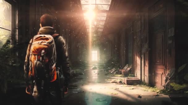 Back View Man Backpack Stands Abandoned Building Post Apocalyptic Scene — Stock videók