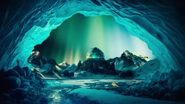 影片的开头是一幅令人叹为观止的北极冰洞景观 摄像机慢慢地穿过洞口狭窄的小径 揭示了洞口令人惊叹的结冰和复杂的构造 — 图库视频影像