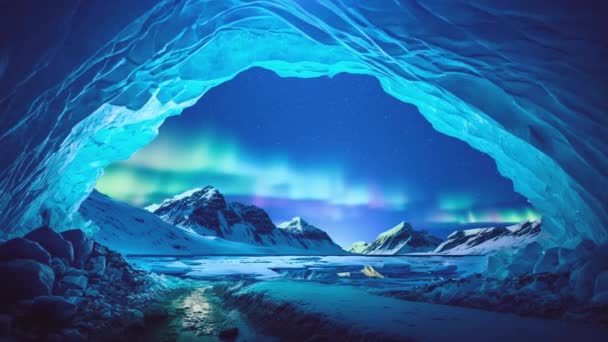 ビデオは 北極に位置する氷の洞窟の息をのむような景色から始まります カメラはゆっくりと洞窟の狭い通路を移動し その見事な氷の形成と複雑なことを明らかにします — ストック動画