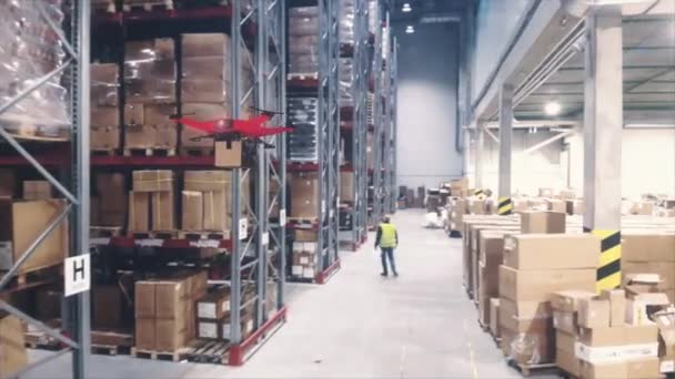 倉庫で飛んで配達ドローンのグループ 高品質4K映像 — ストック動画