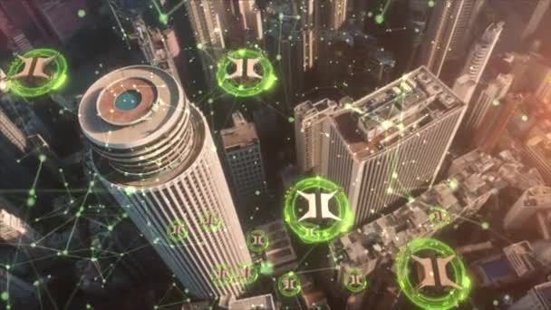 空中からの眺め 高品質な4K映像このビデオでは 無人機の群れが賑やかな都市の上空を飛んで 必要な物資を住民に届ける未来的なシーンを目撃します — ストック動画