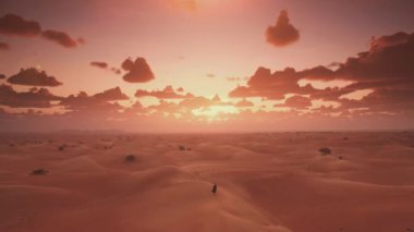 Geleneksel BAE elbisesi giyen Arap kadın çölde gün batımında ellerini kaldırıyor. Yüksek kalite 4k görüntü