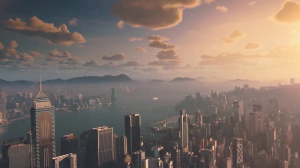 香港的天际线香港的空中城市景观与日落的太阳 令人惊奇的建筑和天空全景映入眼帘 高质量的4K镜头 — 图库视频影像