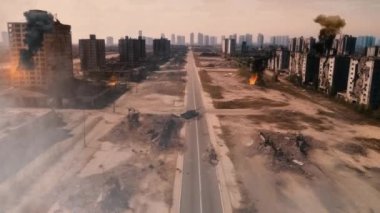 Sokakta yıkılan şehir ve tankın havadan görüntüsü. Yüksek kalite 4k görüntü