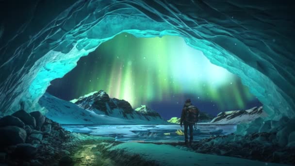 Pessoa Meio Caverna Gelo Com Aurora Durante Noite Inverno Atordoante — Vídeo de Stock