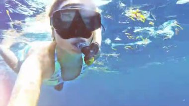 Bikinili genç bir kadın dalış maskesiyle şnorkelle dalıyor ve Kızıl Deniz 'de açık mavi suda yüzerken kameraya el sallıyor. Balıklı ve mercan resifli sualtı dünyası. Kız selfie çekiyor. Yüksek