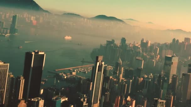 Aeriális Mozgókép Top Kilátás Hong Kong Belvárosában Naplementekor Napfényben Kiváló — Stock videók