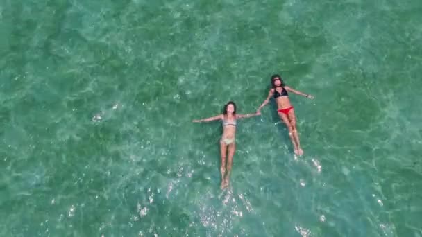 Twee Mooie Vrouwen Zwemmen Zee Luchtfoto Hoge Kwaliteit Beeldmateriaal — Stockvideo