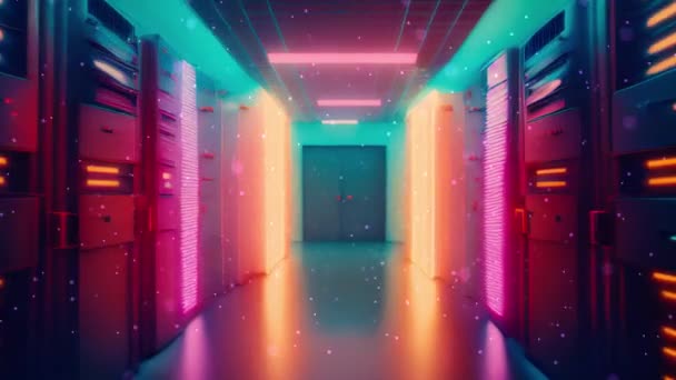 Lungo Corridoio Sala Server Retrò Con Luci Neon Filmati Alta — Video Stock