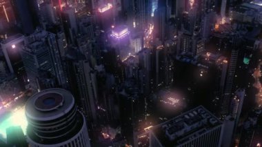Gökdelenleri olan siber punk fütüristik şehir. Siberpunk tarzında Hong Kong şehri. Yüksek kalite 4k görüntü