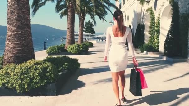 Mujer Joven Camina Cerca Del Centro Comercial Con Compras Imágenes — Vídeos de Stock