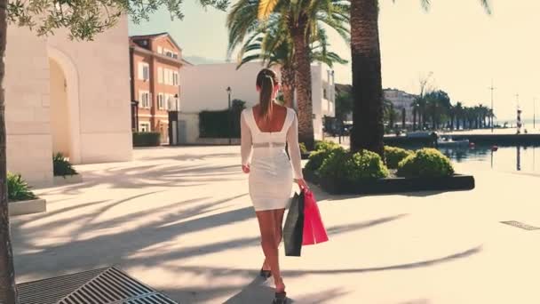 Mujer Joven Caminando Con Sus Compras Después Compras Imágenes Alta — Vídeos de Stock