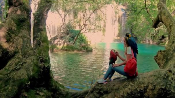 Female Traveler Parrots Beautiful Park Waterfalls Background High Quality Footage — Stock Video