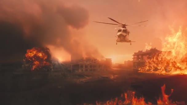 Militaire Helikopter Boven Vernietigde Stad Enorme Vuurstorm Explosies Rook Oorlogsconcept — Stockvideo