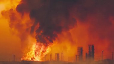 Askeri harekat sırasında petrol kuyuları yanarak gökyüzünü dumanla kararttı. - Evet. Yüksek kalite 4k görüntü