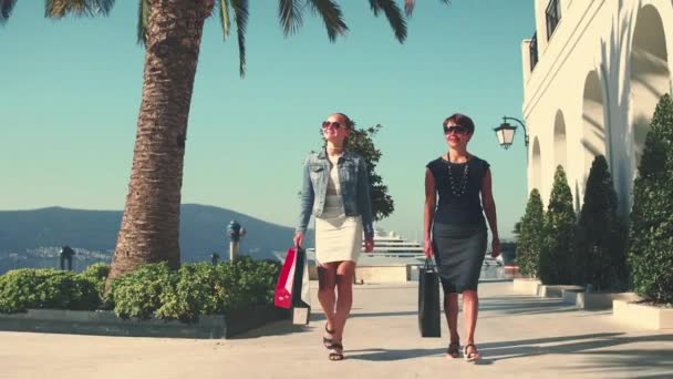 Дві Красиві Подружки Носять Пакети Різних Кольорів Покупками Після Покупки — стокове відео