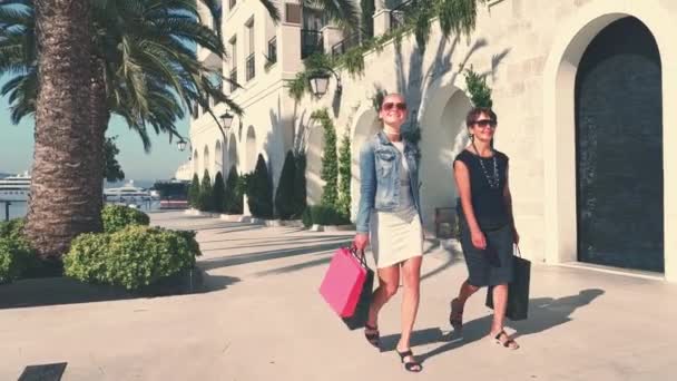 Zwei Schöne Freundinnen Tragen Pakete Verschiedenen Farben Beim Einkaufen Nach — Stockvideo