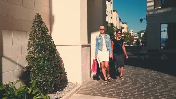 Two Beautiful Girlfriends Carry Packages Different Colors Shopping Shopping Slow — Stock Video