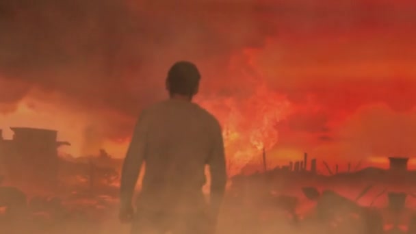Ein Mann Steht Auf Einer Straße Der Niedergebrannten Stadt Apokalyptische — Stockvideo