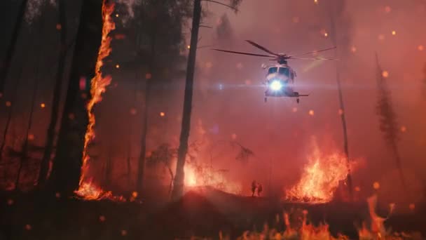 ヘリコプターが森の火災から消防士をピックアップします 火災嵐で2人の消防士のシルエット 高品質の4K映像 — ストック動画