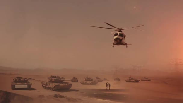 Hélicoptère Militaire Deux Soldats Qui Entraînent Dans Désert Groupe Chars — Video