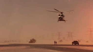 Askeri helikopter ve çöldeki askerler. Yüksek kalite 4k görüntü
