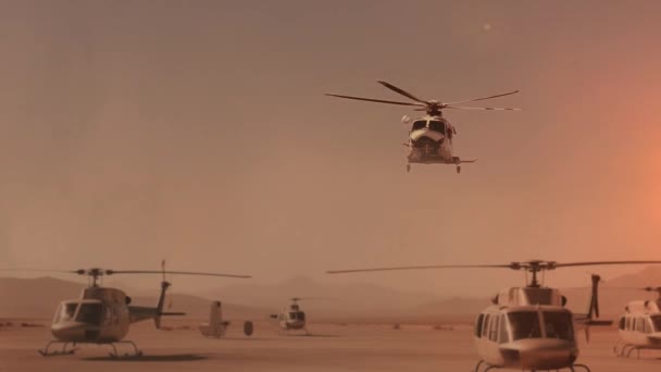 Hubschrauber Boden Auf Dem Wüsten Militärstützpunkt Hubschrauber Landen Der Wüste — Stockvideo