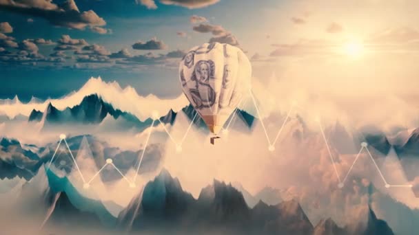 Visualizzazione Mongolfiera Dipinta Dollari Voli Valuta Nel Cielo Con Montagne — Video Stock