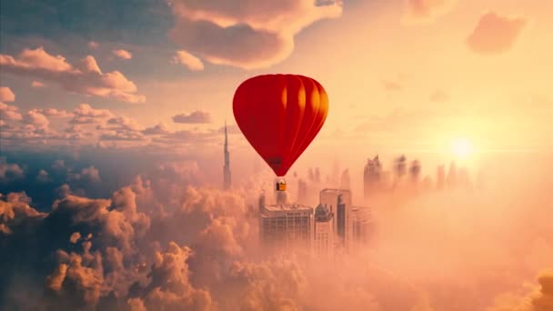 Hot Air Balloon City Sunset Skyscrapers Clouds High Quality Footage — Stock Video