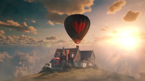 Ballonnen Met Huis Vliegen Boven Wolken Concept Hoge Kwaliteit Beeldmateriaal — Stockvideo