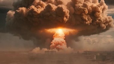 Nükleer savaş kıyameti konsepti. Şehirde nükleer bomba patlaması oldu. Şehir atom savaşıyla yok edildi. Karanlıkta yaratıcı sanat dekorasyonu. Seçici odaklanma. Yüksek kalite 4k görüntü