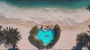 Kadının havadan görünüşü, tropik plajda deniz manzaralı kalp şeklindeki yüzme havuzunda yüzer. Yüksek kalite 4k görüntü