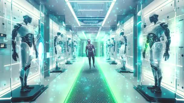Искусственный Интеллект Футуристический Гуманоидный Робот Движется Футуристической Лаборатории Высококачественные Кадры — стоковое видео