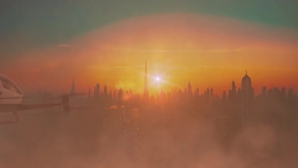 Autopilot Taksi Drone Terbang Atas Pencakar Langit Modern Saat Matahari — Stok Video