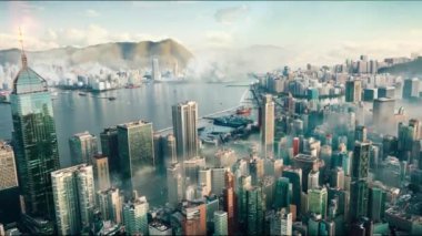 Sabah şehir manzarası ve Hong Kong şehrinde sisli ya da dumanlı güneş ışınları. Yüksek kalite 4k görüntü