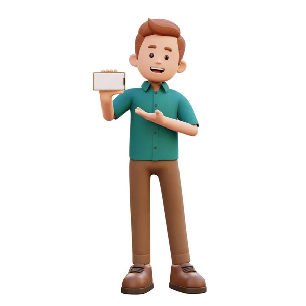 Male Character Holding Presenting Smart Phone Empty Screen Landscape — Stock Photo, Image