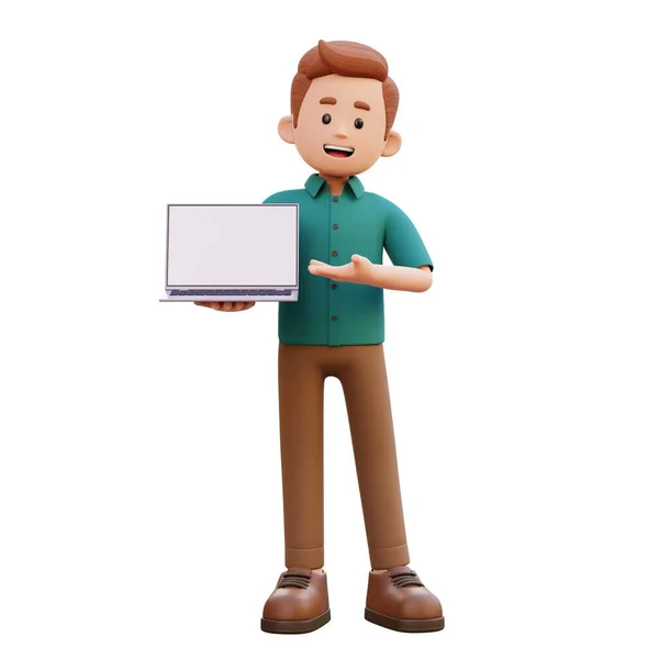 Männliche Figur Die Einen Laptop Mit Leerem Bildschirm Hält Und — Stockfoto