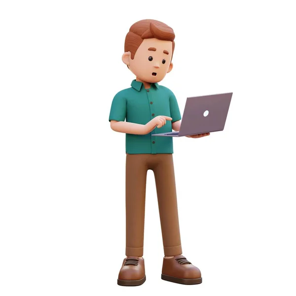3D名男性角色在笔记本电脑上手忙脚乱地站着 — 图库照片