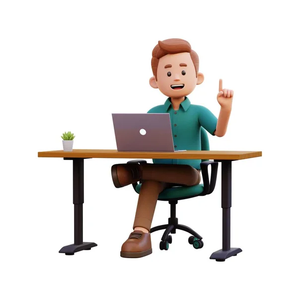 Férfi Karakter Van Egy Ötlet Miközben Dolgozik Egy Laptop — Stock Fotó