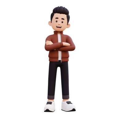 Kolları havada katlanmış Asyalı bir adam beyaz arka planda izole edilmiş. 3 boyutlu resimleme.