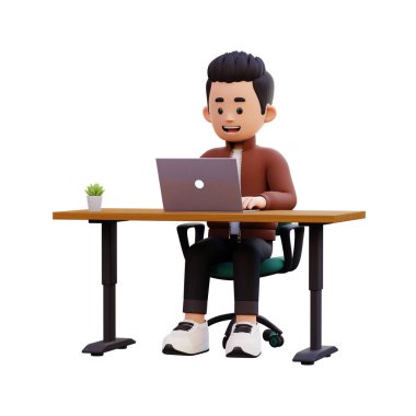 Genç adam elinde dizüstü bilgisayarla masada oturuyor.