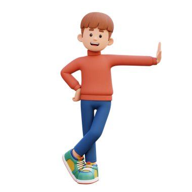 Kırmızı kazaklı çocuk bir şeyi işaret ediyor. Uzun ve mutlu bir çocuk. beyaz arkaplanda izole.