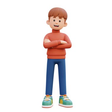 Kolları çaprazlanmış, sıradan giysiler içinde duran sevimli çizgi film çocuğu. 3 boyutlu resimleme beyaza izole edildi